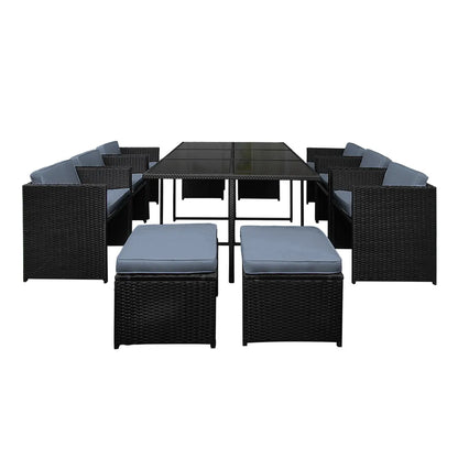 Gardeon Outdoor Dining Set 11 Piece Wicker Table Chairs Setting Black - Image 3