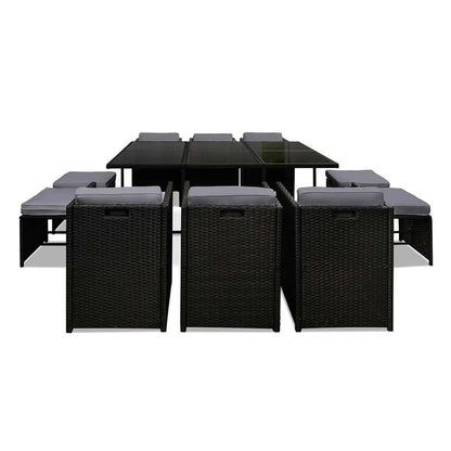 Gardeon Outdoor Dining Set 11 Piece Wicker Table Chairs Setting Black - Image 7