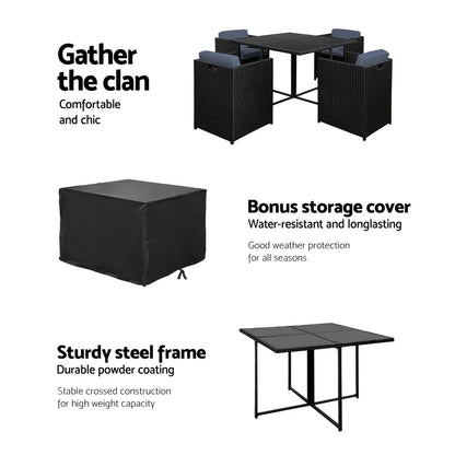 Gardeon Outdoor Dining Set 5 Piece Wicker Table Chairs Setting Black - Image 4