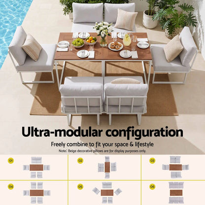 Gardeon 6 Seater Outdoor Dining Sofa Set Steel Frame Cushions White - Image 4