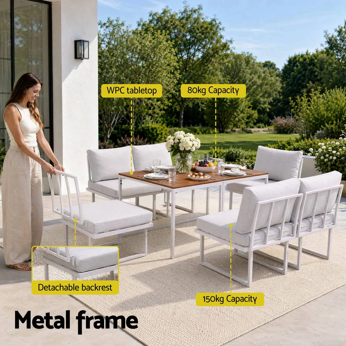 Gardeon 6 Seater Outdoor Dining Sofa Set Steel Frame Cushions White - Image 5