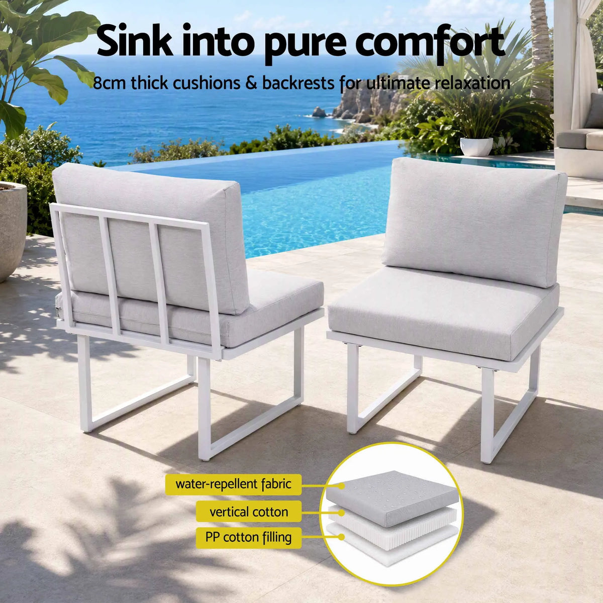 Gardeon 6 Seater Outdoor Dining Sofa Set Steel Frame Cushions White - Image 6