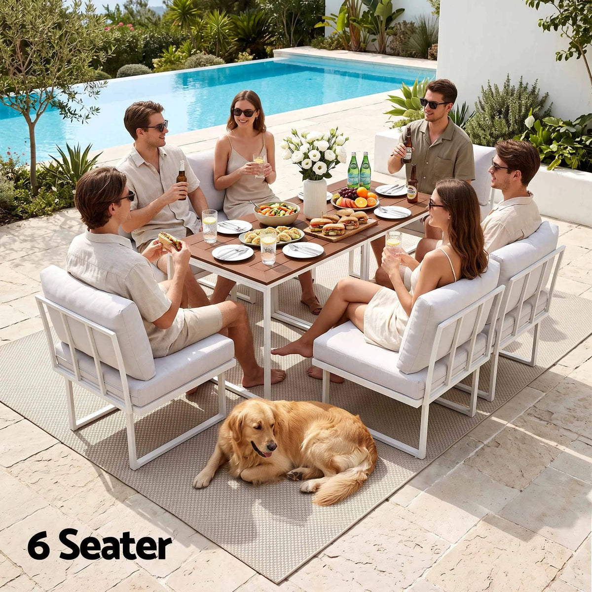 Gardeon 6 Seater Outdoor Dining Sofa Set Steel Frame Cushions White - Image 7