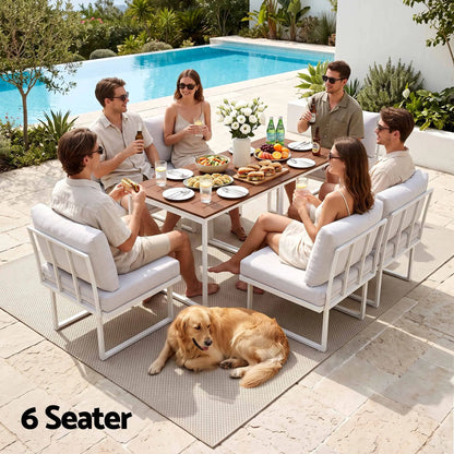 Gardeon 6 Seater Outdoor Dining Sofa Set Steel Frame Cushions White - Image 7