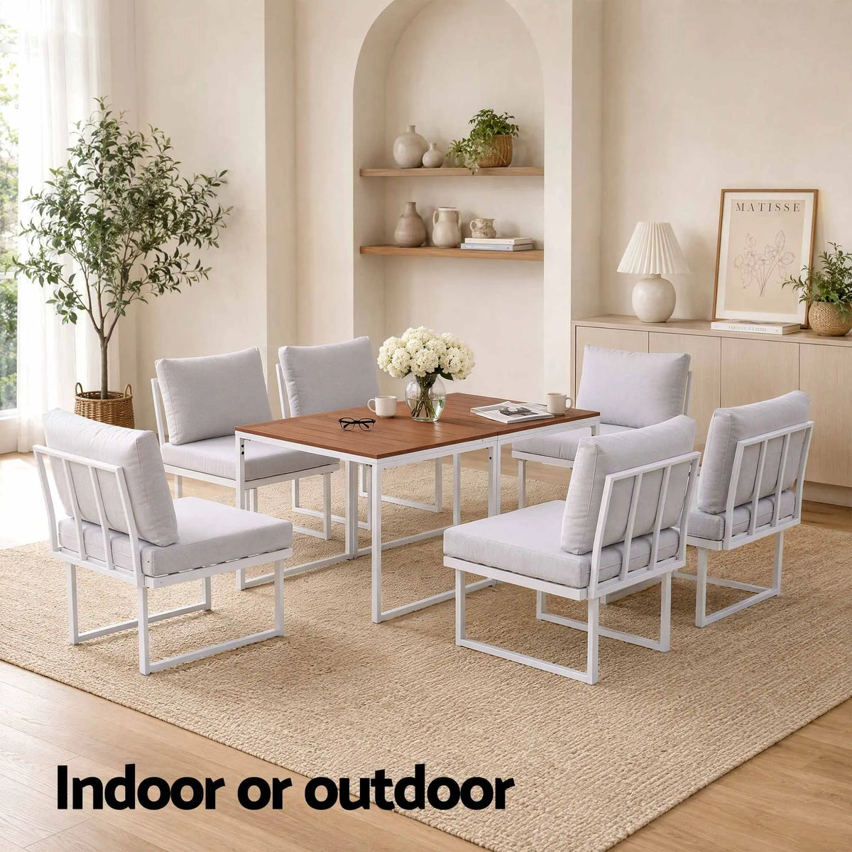 Gardeon 6 Seater Outdoor Dining Sofa Set Steel Frame Cushions White - Image 8