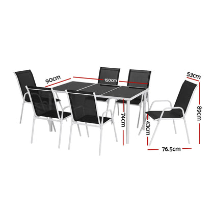 Gardeon 7 Piece Outdoor Dining Set Steel Textilene Patio Furniture Table and Chairs Black - Image 2
