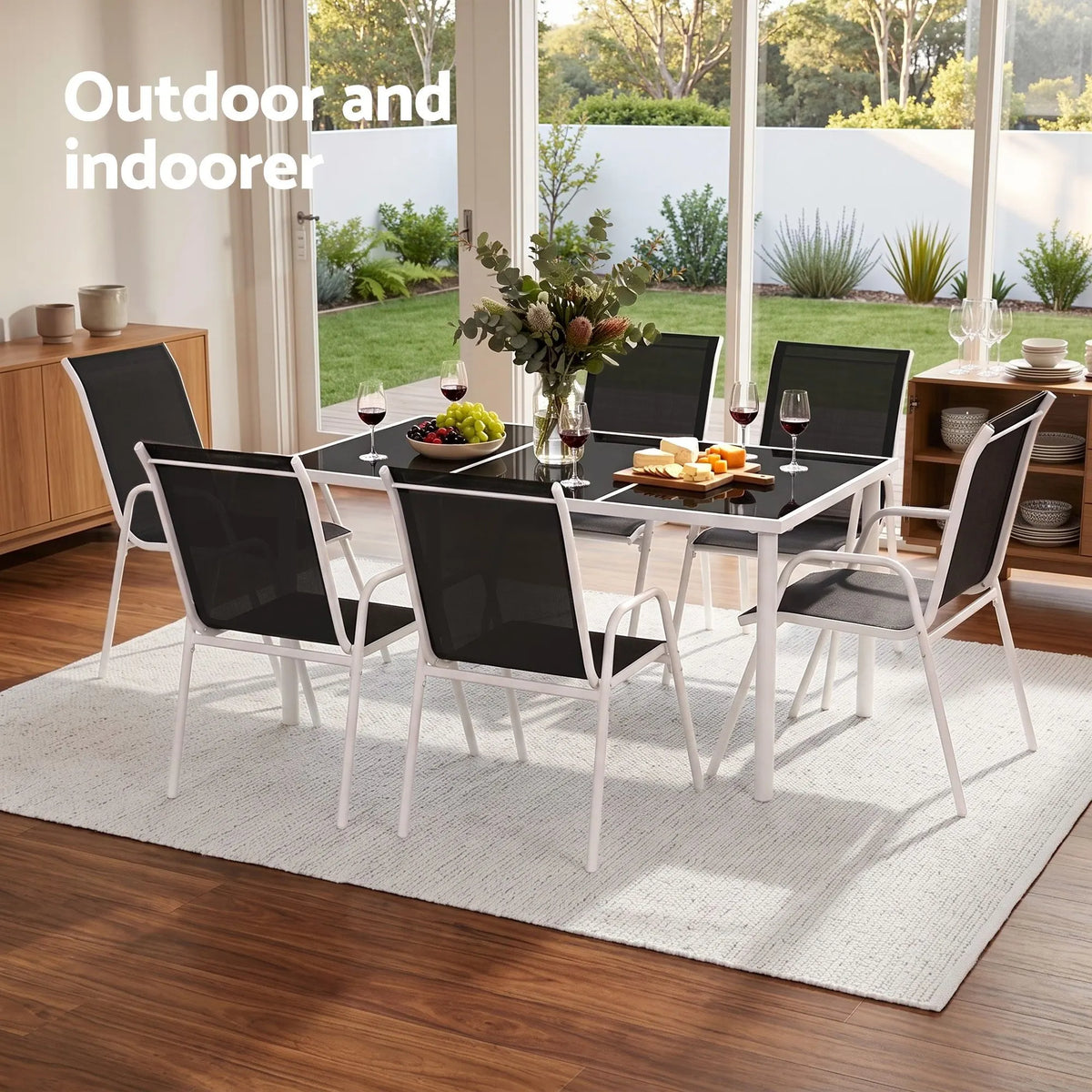 Gardeon 7 Piece Outdoor Dining Set Steel Textilene Patio Furniture Table and Chairs Black - Image 8