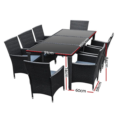 Gardeon Outdoor Dining Set 9 Piece Wicker Lounge Setting Black - Image 2