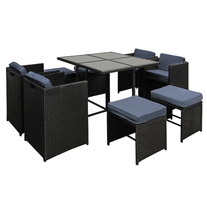 Gardeon Outdoor Dining Set 9 Piece Wicker Table Chairs Setting Black - Image 8