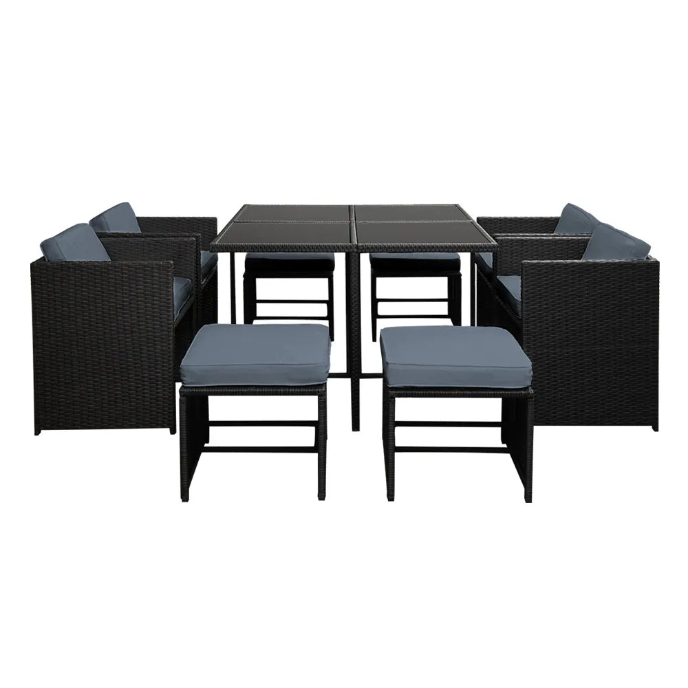 Gardeon Outdoor Dining Set 9 Piece Wicker Table Chairs Setting Black - Image 3