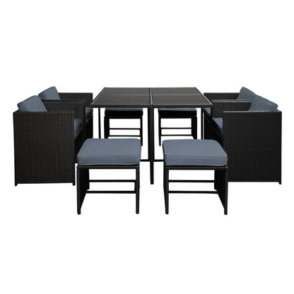 Gardeon Outdoor Dining Set 9 Piece Wicker Table Chairs Setting Black - Image 3