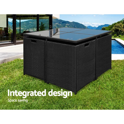 Gardeon Outdoor Dining Set 9 Piece Wicker Table Chairs Setting Black - Image 4