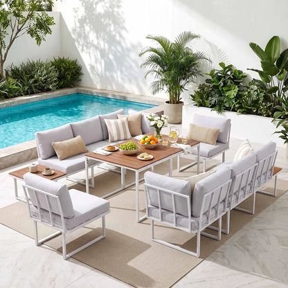 Gardeon 8 Seater Outdoor Dining Sofa Set with WPC Side Tables Patio Furniture White