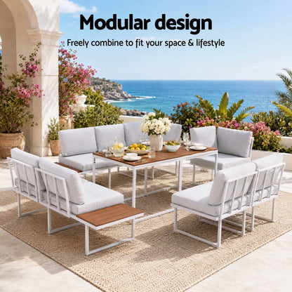 Gardeon 8 Seater Outdoor Dining Sofa Set with WPC Side Tables Patio Furniture White - Image 4