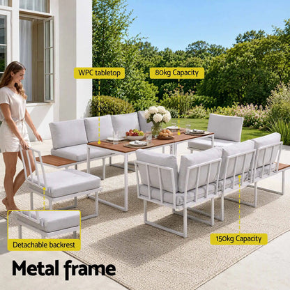 Gardeon 8 Seater Outdoor Dining Sofa Set with WPC Side Tables Patio Furniture White - Image 5