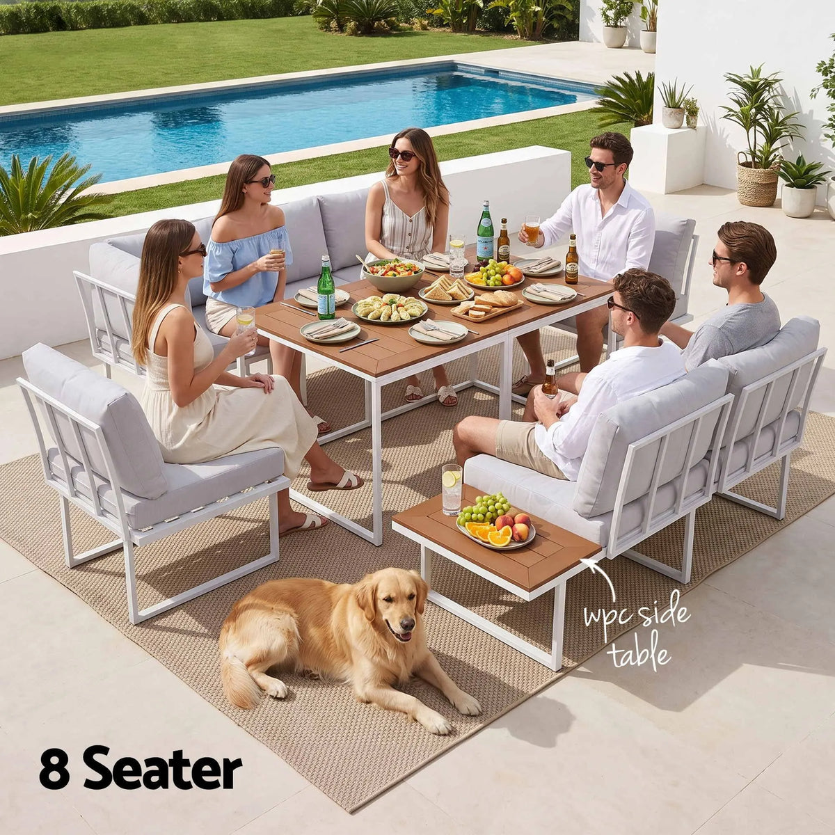 Gardeon 8 Seater Outdoor Dining Sofa Set with WPC Side Tables Patio Furniture White - Image 7