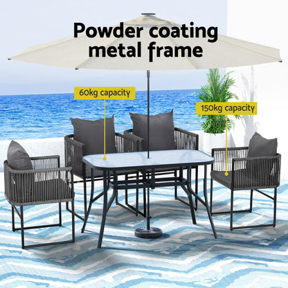 Gardeon 5PCS Outdoor Dining Set Table and Chairs Rope Patio Furniture Garden Black - Image 4