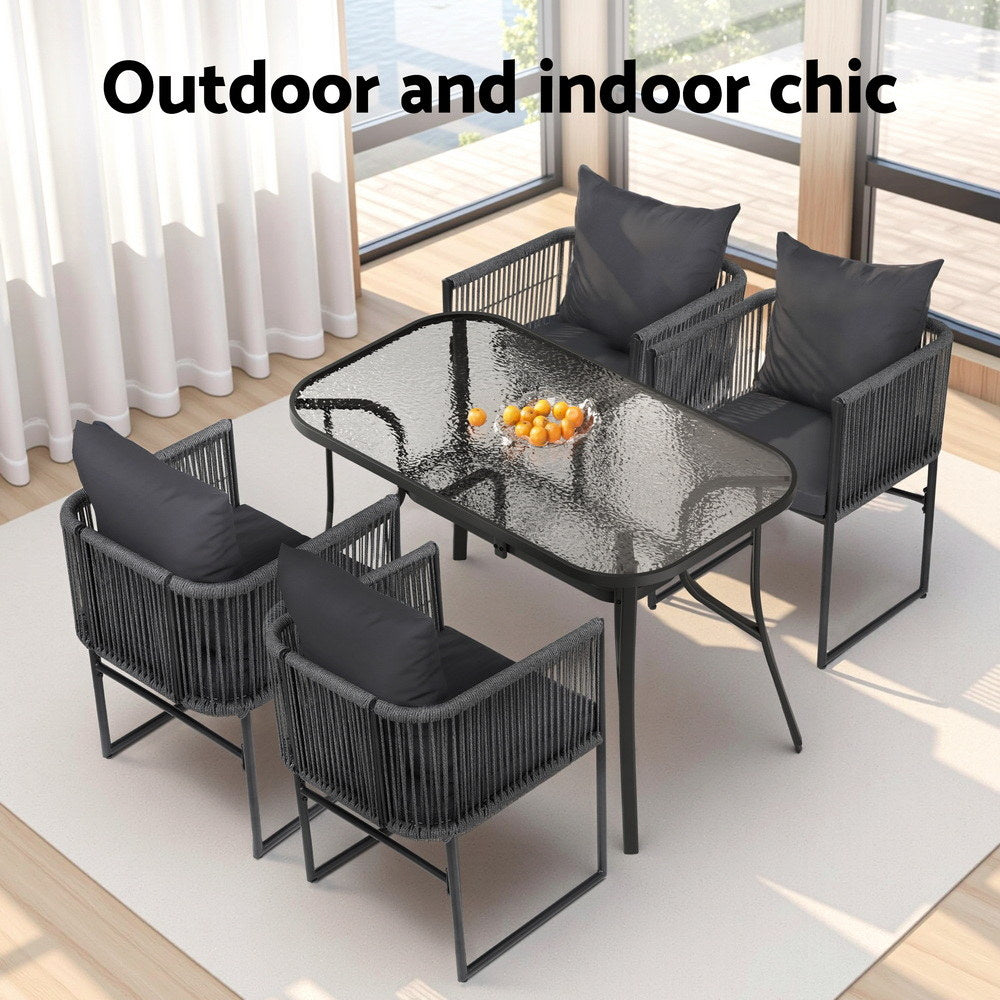 Gardeon 5PCS Outdoor Dining Set Table and Chairs Rope Patio Furniture Garden Black - Image 6