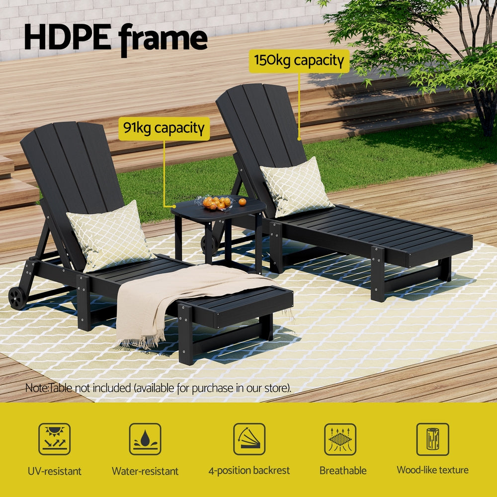 Gardeon Sun Lounge Lounger Table and Chairs Beach Chair HDPE Patio Outdoor Furniture Wheels Black - Image 4