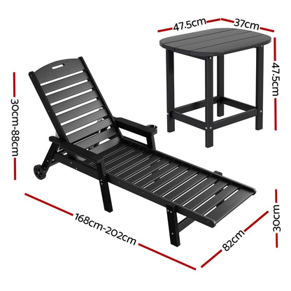 Gardeon Sun Lounge Lounger Beach Chair HDPE Patio Outdoor Furniture with Wheels Black - Image 2