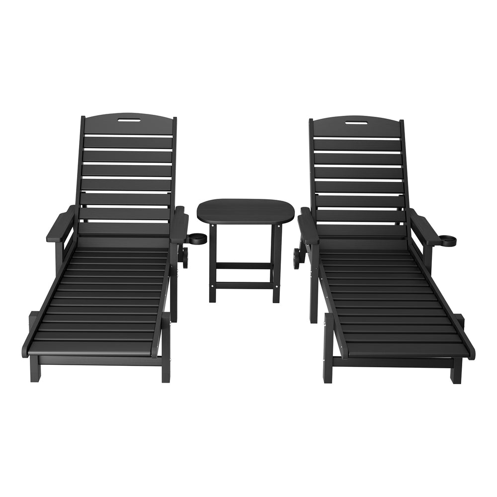 Gardeon Sun Lounge Lounger Beach Chair HDPE Patio Outdoor Furniture with Wheels Black - Image 3