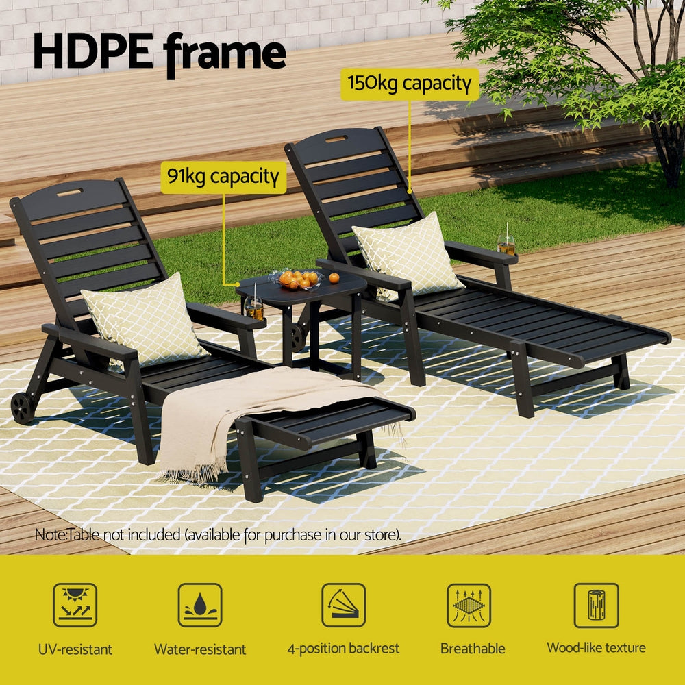 Gardeon Sun Lounge Lounger Beach Chair HDPE Patio Outdoor Furniture with Wheels Black - Image 4