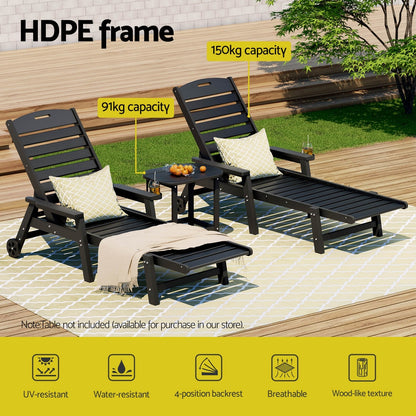 Gardeon Sun Lounge Lounger Beach Chair HDPE Patio Outdoor Furniture with Wheels Black - Image 4