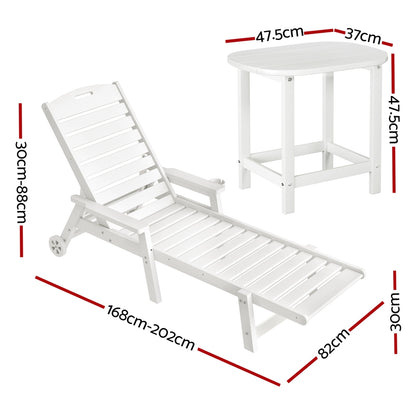 Gardeon Sun Lounge Lounger Beach Chair HDPE Patio Outdoor Furniture with Wheels White - Image 2