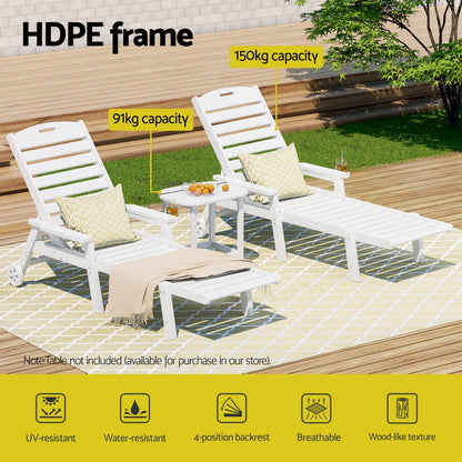 Gardeon Sun Lounge Lounger Beach Chair HDPE Patio Outdoor Furniture with Wheels White - Image 4