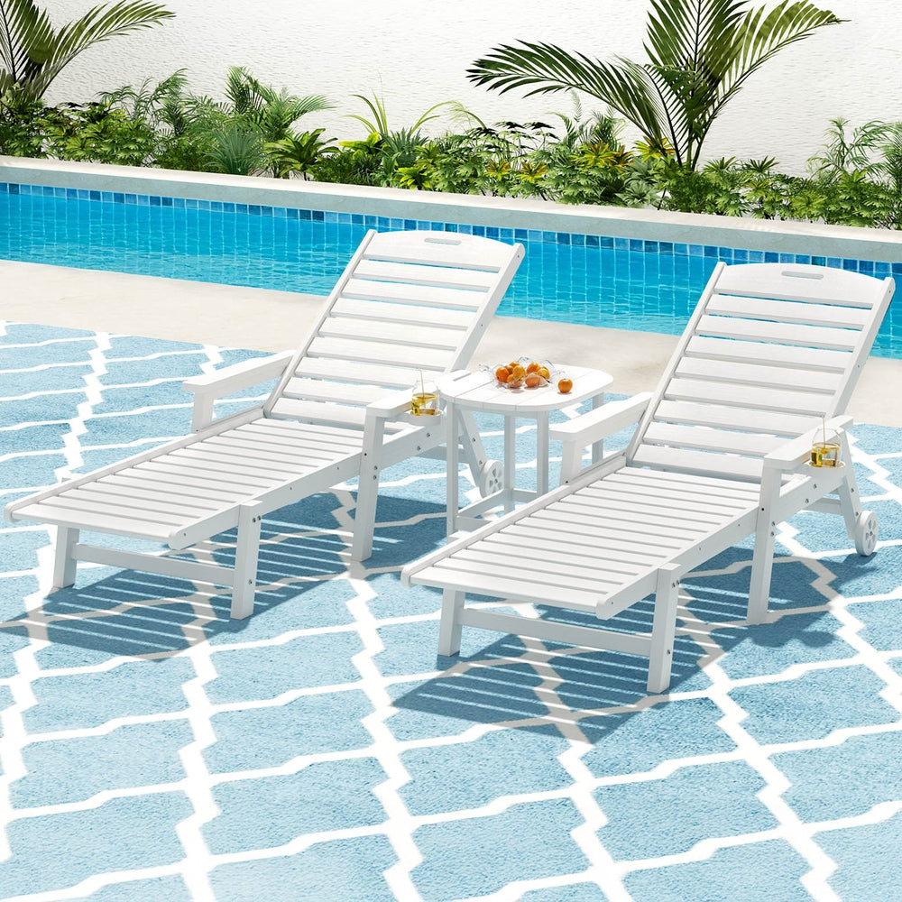 Gardeon Sun Lounge Lounger Beach Chair HDPE Patio Outdoor Furniture with Wheels White - Image 7