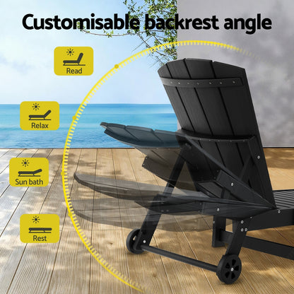 Gardeon Sun Lounge Beach Chair HDPE Adirondack Lounger Patio Outdoor Furniture with Wheels Black - Image 5