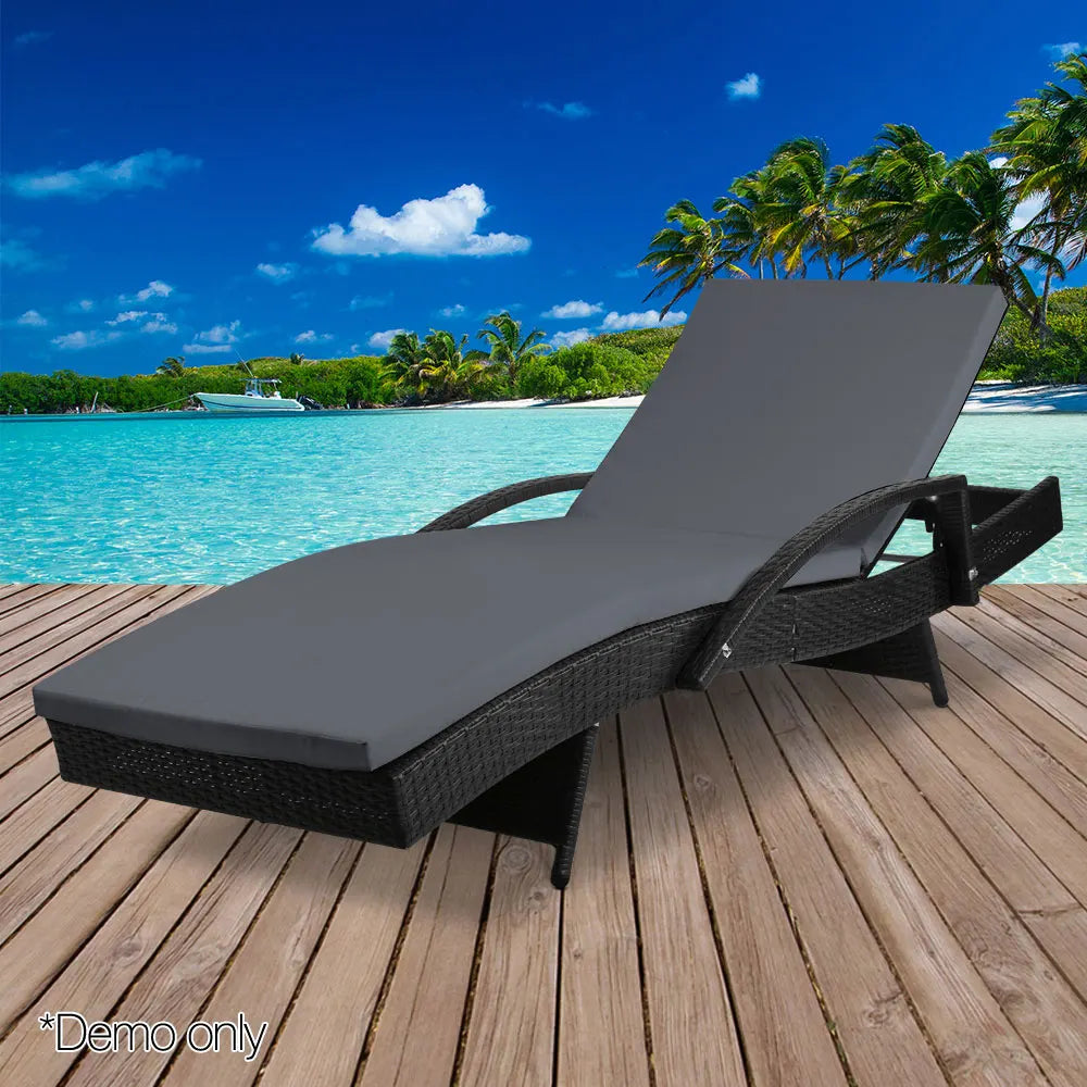 Gardeon Sun Lounge Wicker Lounger Outdoor Furniture Beach Chair Patio Adjustable Cushion Black - Image 6