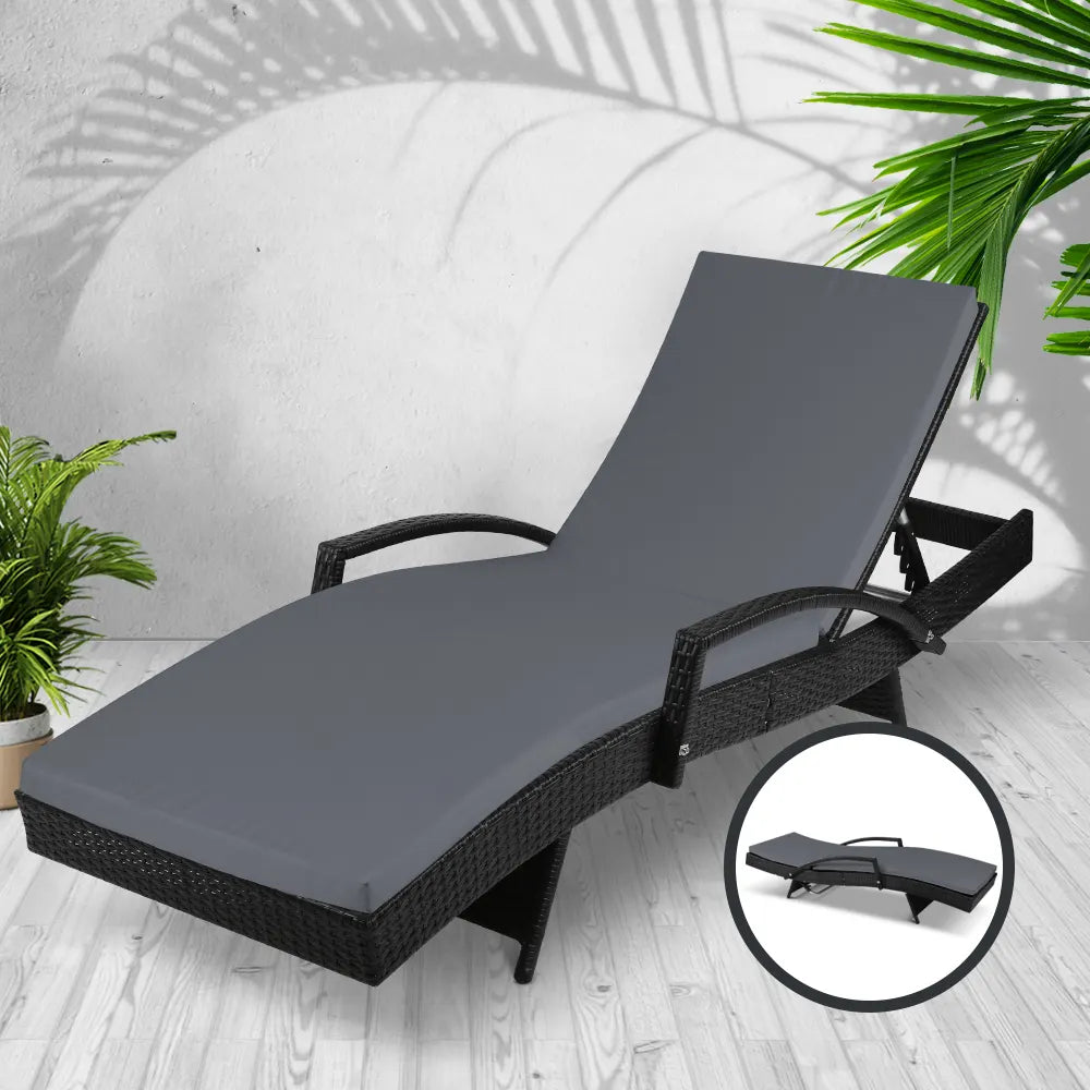 Gardeon Sun Lounge Wicker Lounger Outdoor Furniture Beach Chair Patio Adjustable Cushion Black - Image 7