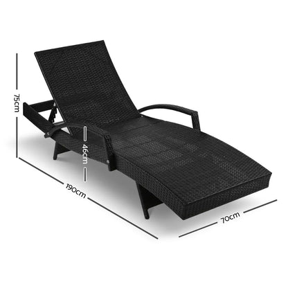Gardeon 2PC Sun Lounge Wicker Lounger Outdoor Furniture Beach Chair Patio Adjustable Cushion Black - Image 2