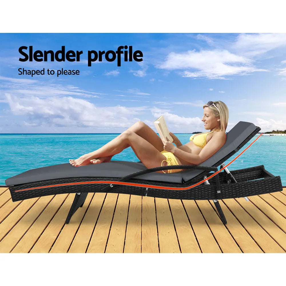 Gardeon 2PC Sun Lounge Wicker Lounger Outdoor Furniture Beach Chair Patio Adjustable Cushion Black - Image 3