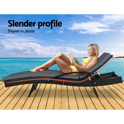 Gardeon 2PC Sun Lounge Wicker Lounger Outdoor Furniture Beach Chair Patio Adjustable Cushion Black - Image 3