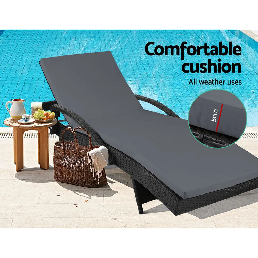Gardeon 2PC Sun Lounge Wicker Lounger Outdoor Furniture Beach Chair Patio Adjustable Cushion Black - Image 4