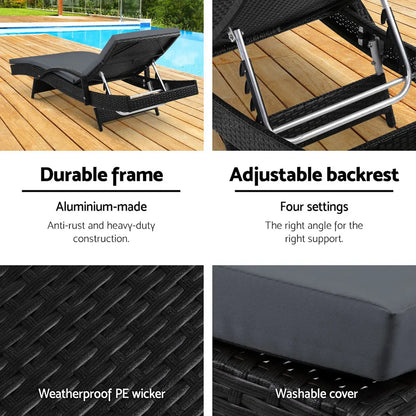 Gardeon 2PC Sun Lounge Wicker Lounger Outdoor Furniture Beach Chair Patio Adjustable Cushion Black - Image 6