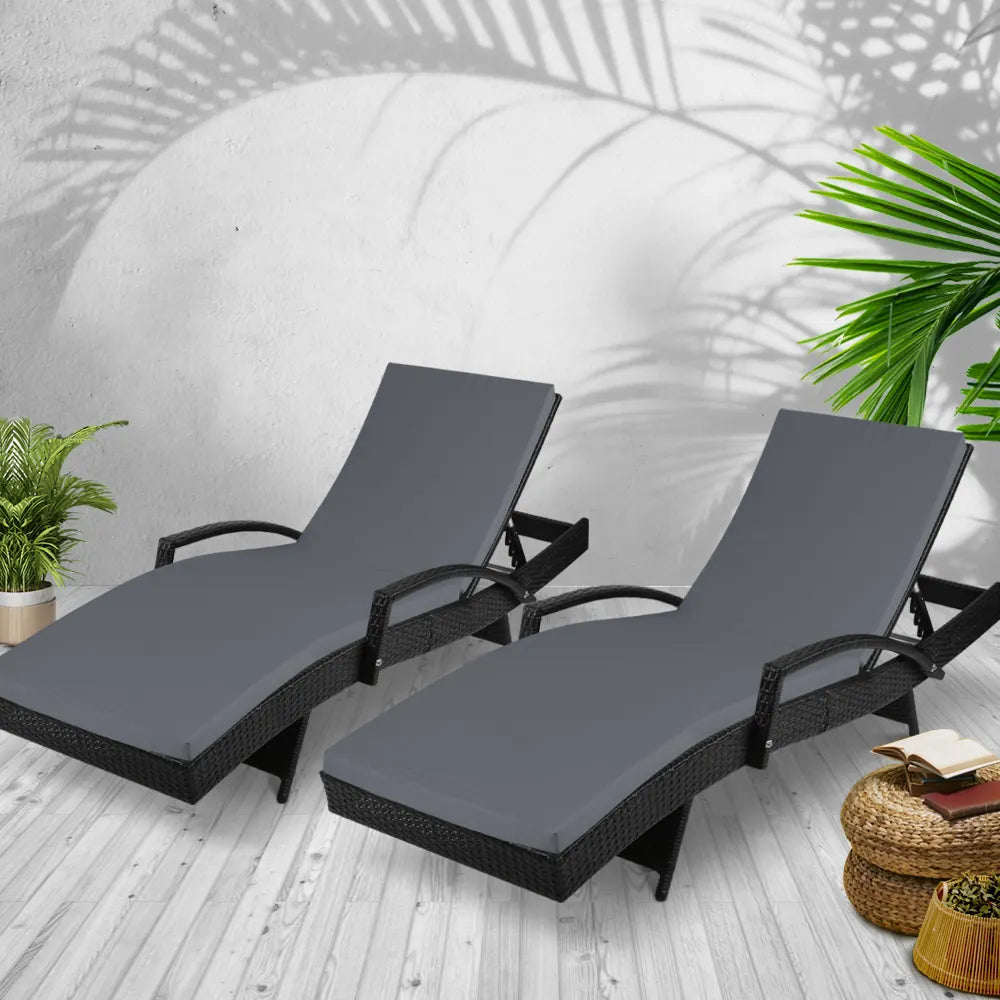 Gardeon 2PC Sun Lounge Wicker Lounger Outdoor Furniture Beach Chair Patio Adjustable Cushion Black - Image 7