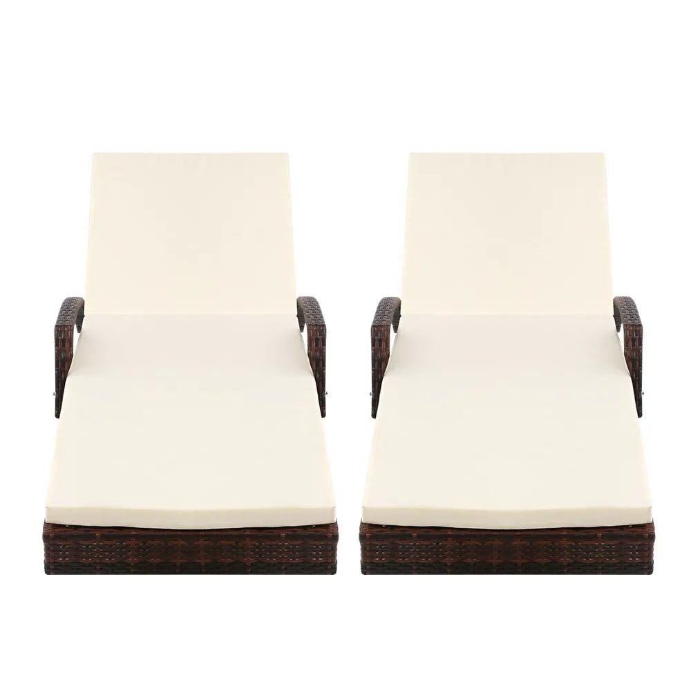 Gardeon 2PC Sun Lounge Wicker Lounger Outdoor Furniture Beach Chair Patio Adjustable Cushion Brown - Image 3