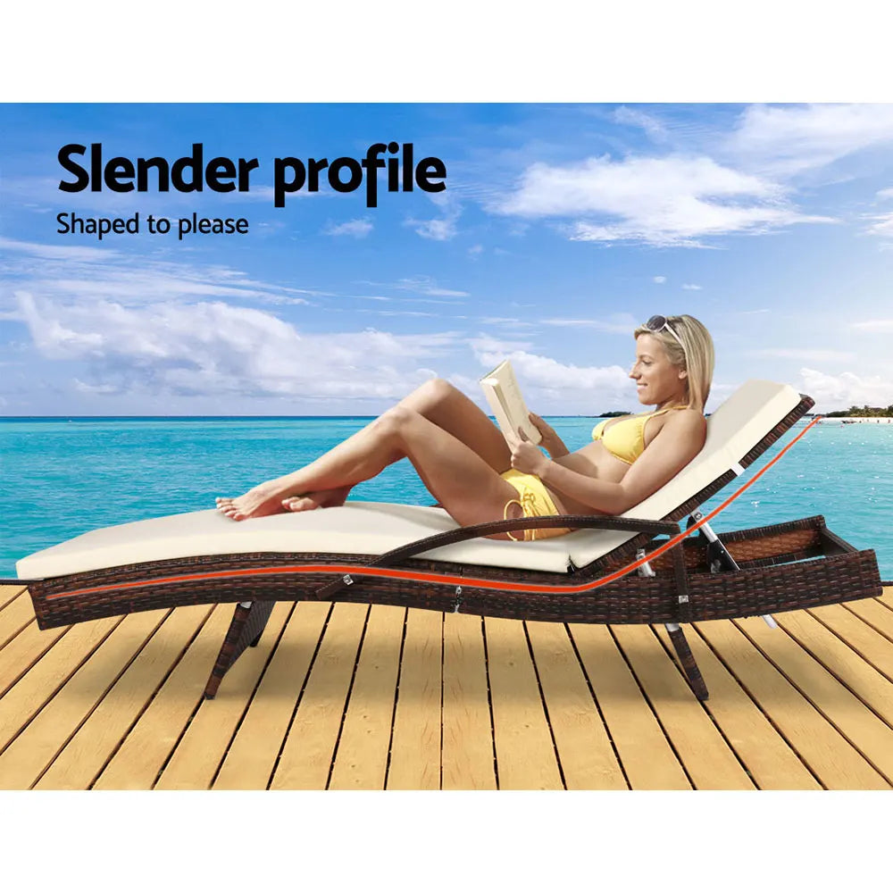 Gardeon 2PC Sun Lounge Wicker Lounger Outdoor Furniture Beach Chair Patio Adjustable Cushion Brown - Image 4