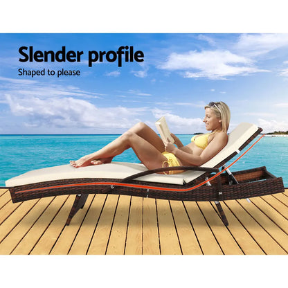 Gardeon 2PC Sun Lounge Wicker Lounger Outdoor Furniture Beach Chair Patio Adjustable Cushion Brown - Image 4