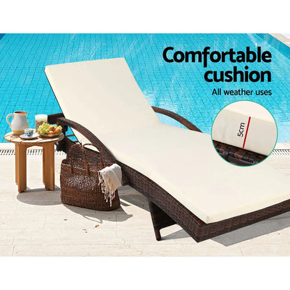 Gardeon 2PC Sun Lounge Wicker Lounger Outdoor Furniture Beach Chair Patio Adjustable Cushion Brown - Image 5