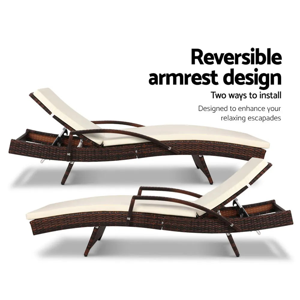 Gardeon 2PC Sun Lounge Wicker Lounger Outdoor Furniture Beach Chair Patio Adjustable Cushion Brown - Image 6