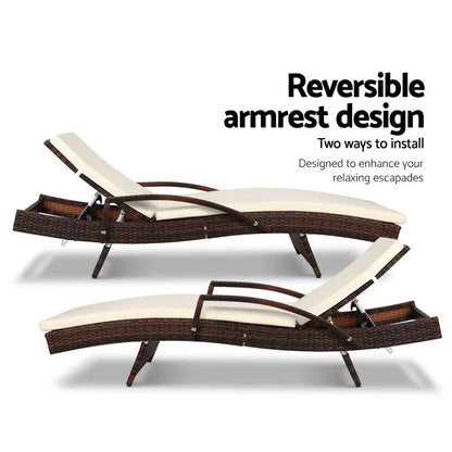 Gardeon 2PC Sun Lounge Wicker Lounger Outdoor Furniture Beach Chair Patio Adjustable Cushion Brown - Image 6