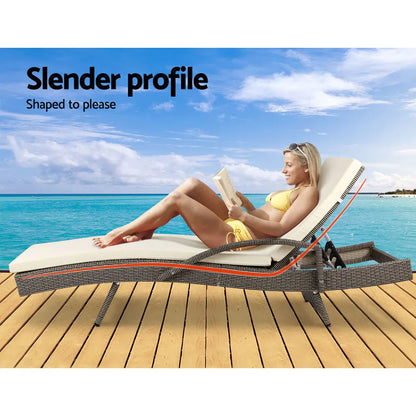 Gardeon 2PC Sun Lounge Wicker Lounger Outdoor Furniture Beach Chair Adjustable Cushion Grey&Beige - Image 4