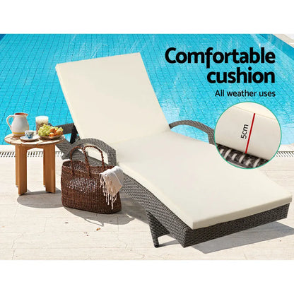 Gardeon 2PC Sun Lounge Wicker Lounger Outdoor Furniture Beach Chair Adjustable Cushion Grey&Beige - Image 5