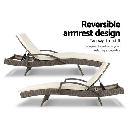 Gardeon 2PC Sun Lounge Wicker Lounger Outdoor Furniture Beach Chair Adjustable Cushion Grey&Beige - Image 6