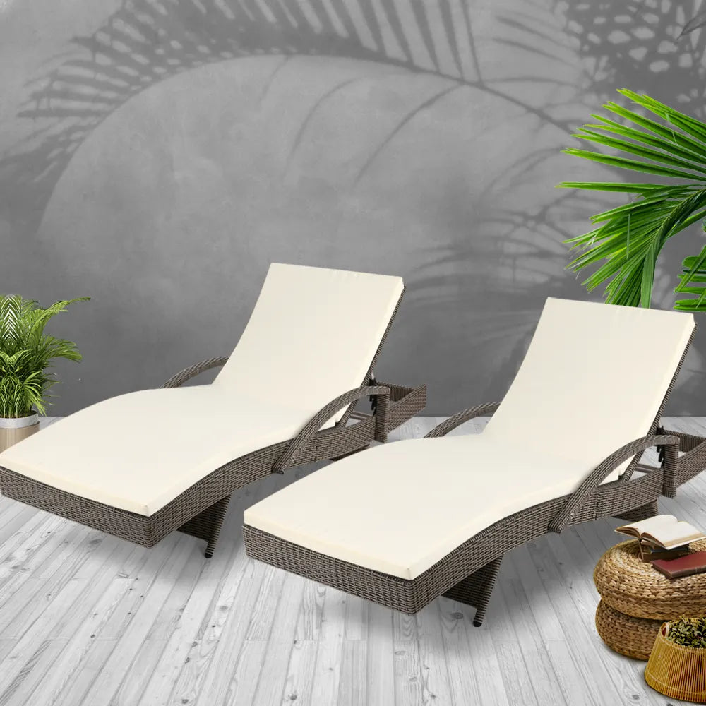 Gardeon 2PC Sun Lounge Wicker Lounger Outdoor Furniture Beach Chair Adjustable Cushion Grey&Beige - Image 7