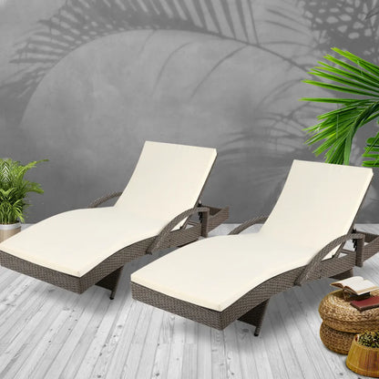 Gardeon 2PC Sun Lounge Wicker Lounger Outdoor Furniture Beach Chair Adjustable Cushion Grey&Beige - Image 7